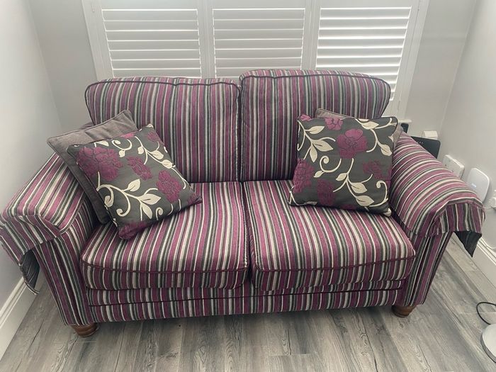 Quality Grey stripped Sofa with matching arm covers and cushions
