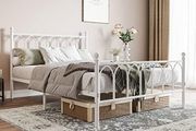 Double Metal Bed Frame 135 x 190 cm with Headboard and Footboard Heavy Duty Foundation,Metal Slat Support,White,