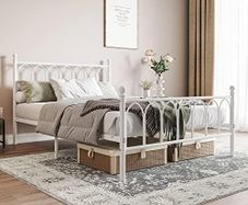 Double Metal Bed Frame 135 x 190 cm with Headboard and Footboard Heavy Duty Foundation,Metal Slat Support,White,