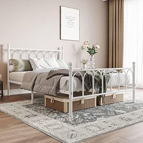 Double Metal Bed Frame 135 x 190 cm with Headboard and Footboard Heavy Duty Foundation,Metal Slat Support,White,