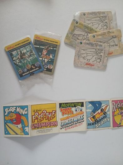 Scrace lot of 1980s retro cereal freebies . Kelloggs Rice crispies , sugar puffs stickers games and cards .