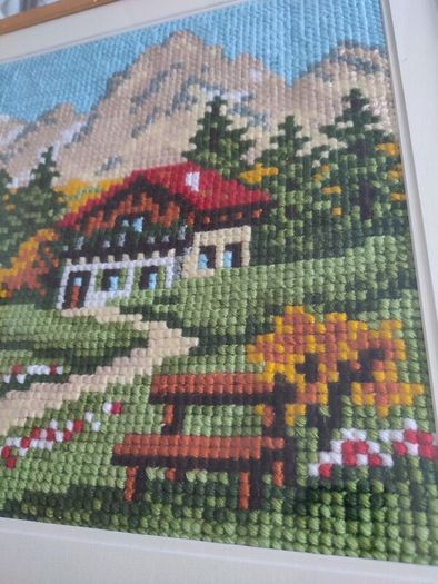 Framed cross stitch Mountain Scene