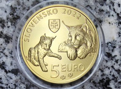 Slovakia 5 Euro Shiny Coin 2022 - Eurasian lynx - Fauna and flora in Slovakia