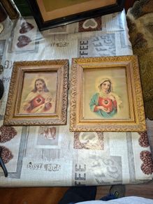 Antique Sacred Heart of Jesus, Immaculate Heart of Mary in Old Gilded Frames and Immaculate Heart of Mary set in a black wooden frame, Postage Available Selling as a Lot