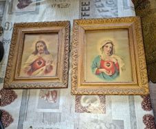 Antique Sacred Heart of Jesus, Immaculate Heart of Mary in Old Gilded Frames and Immaculate Heart of Mary set in a black wooden frame, Postage Available Selling as a Lot