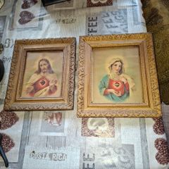 Antique Sacred Heart of Jesus, Immaculate Heart of Mary in Old Gilded Frames and Immaculate Heart of Mary set in a black wooden frame, Postage Available Selling as a Lot