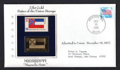 1988 USA Mississippi "Magnolia State" 22kt Gold Replica of the 1976 United States Flag Stamps showing 25c US flag definitive tied Jackson, Mississippi (state capital) illustrated cover