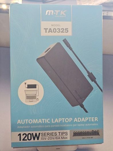 120W (MTK TA0325) Automatic Universal Laptop Charging Adapter, include 11pcs "M"series tips, Input: 110-240V 50Hz/60Hz 3A, Output: 15V-20V/6A 120W Max.