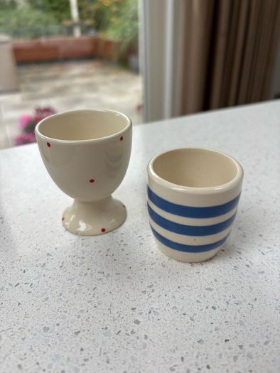 Set of 2 Ceramic Egg Cups Red Polka Dot & Blue Striped