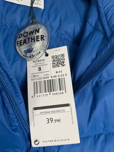 Winter jacket boys down feather water repellent blue Mango 7-8y New