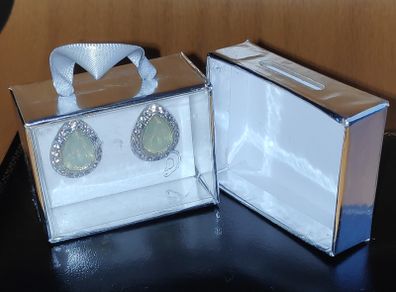 New pack of earrings, silver tone with light green insert