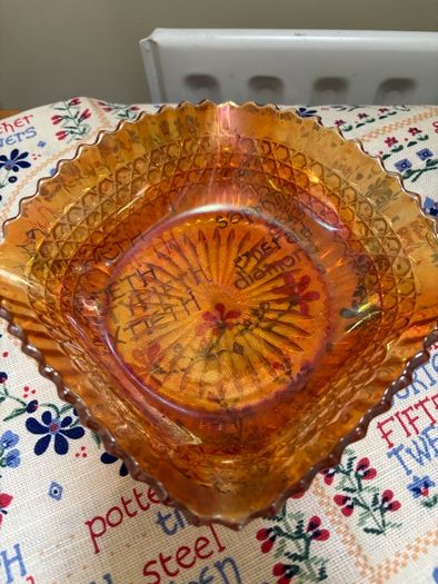 A bundle of vintage - retro pieces, Carnival Glass , Anchor Hocking Fire King, Large Ribbed Glass Butter Dish, Citrus Juicer, Three Footed Glass Sugar Bowl and Jug