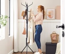 Coat Rack Stand, Coat Tree, Metal Hall Tree, Free Standing, 49 x 182 cm, 12 Hooks, for Clothes, Hats, Bags, Black