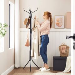 Coat Rack Stand, Coat Tree, Metal Hall Tree, Free Standing, 49 x 182 cm, 12 Hooks, for Clothes, Hats, Bags, Black