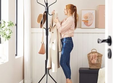 Coat Rack Stand, Coat Tree, Metal Hall Tree, Free Standing, 49 x 182 cm, 12 Hooks, for Clothes, Hats, Bags, Black