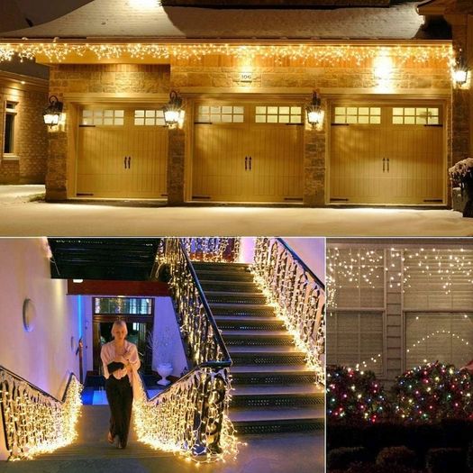 Icicle Lights Outdoor, 46ft 480 LED Window Curtain Lights Mains Powered Warm White 8 Modes Waterproof Christmas Fairy String Lights for Garden Xmas Party Outside Decorations, White Cable