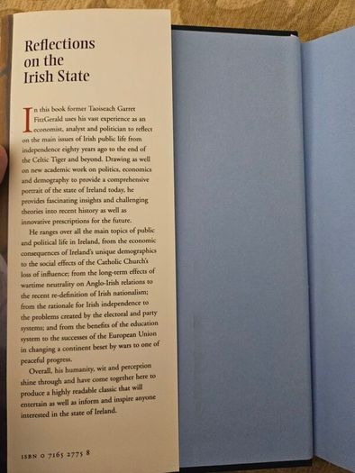 Reflections On The Irish State. By Garret Fitzgerald First Edition Hardback With Dustjacket In Very Good Condition.  See Photos For Same.