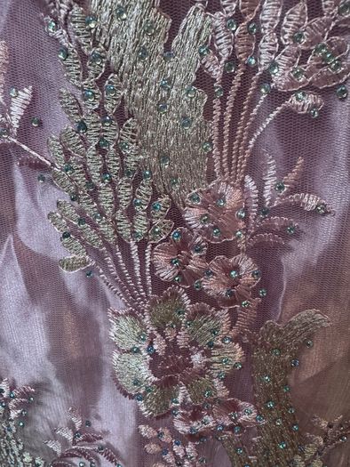 Elegant Lilac Lace Embroidered Evening Maxi Dress with Beaded Detail