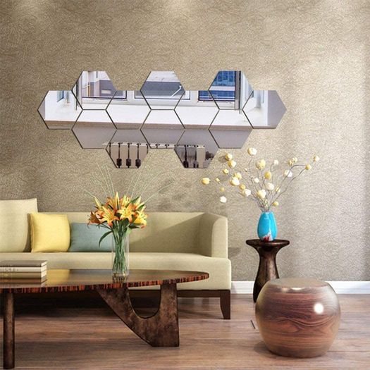 Mirror Wall Stickers, 12PCS Hexagon Mirror Art DIY Home Decorative Hexagonal Acrylic Mirror Wall Sheet Plastic Mirror Tiles for Home Living Room Bedroom Sofa TV Background Wall Decal Decoration Deco