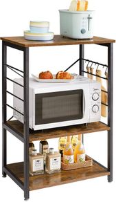 Industrial Microwave Oven Shelf, Bakers Rack with 6 S-Hooks, 3-Tier Storage Shelves for Kitchen Living Room, Kitchen Shelf for Spices, Pots, and Pans, Rustic Brown (FREE POSTAGE)