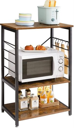 Industrial Microwave Oven Shelf, Bakers Rack with 6 S-Hooks, 3-Tier Storage Shelves for Kitchen Living Room, Kitchen Shelf for Spices, Pots, and Pans, Rustic Brown (FREE POSTAGE)