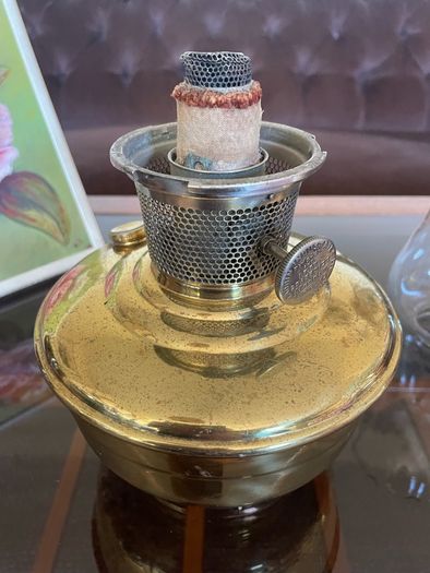 1930s40s Aladdin Model 12 Brass Table Mantle Oil Lamp with Fluted Glass Shade