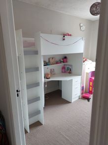 high bed for sale with 3 drawers, 3 small shelves, a small wardrobe and a deak underneath. Mattress included. Height 172cm, Width 192cm, Depth 95cm. Some small marks on desk and back of desk - see photos