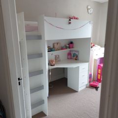 high bed for sale with 3 drawers, 3 small shelves, a small wardrobe and a deak underneath. Mattress included. Height 172cm, Width 192cm, Depth 95cm. Some small marks on desk and back of desk - see photos
