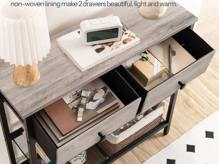 Console Table, Slim Console Table with 2 Drawers, Hallway Table with Storage, Side Table, Slim Sofa Table for Small Spaces, Living Room, Entryway, Kitchen, Greige and Black