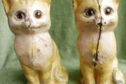 Antique Hand Painted Cast Iron Yellow Tabby Still Bank - Glass Eyes , 85 each