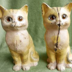 Antique Hand Painted Cast Iron Yellow Tabby Still Bank - Glass Eyes , 85 each