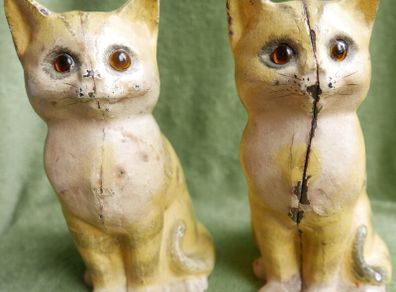 Antique Hand Painted Cast Iron Yellow Tabby Still Bank - Glass Eyes , 85 each