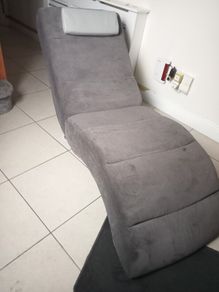 Grey Fabric Chaise Long Lounge Lounger with Leather headrest