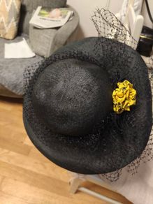 french vintage straw hat, black with yellow rosette and black netting