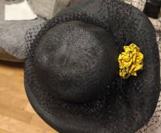 french vintage straw hat, black with yellow rosette and black netting