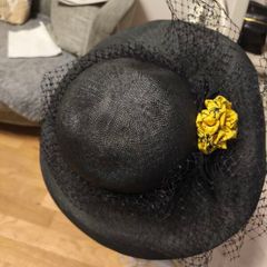 french vintage straw hat, black with yellow rosette and black netting