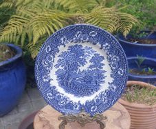Lovely Vintage Blue and White 7.75 Inch Luncheon Plate By English Ironstone Tableware in a Lovely Cottagecore Style Idyllic Rural Scene Pattern