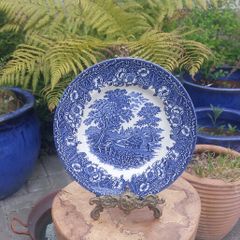 Lovely Vintage Blue and White 7.75 Inch Luncheon Plate By English Ironstone Tableware in a Lovely Cottagecore Style Idyllic Rural Scene Pattern