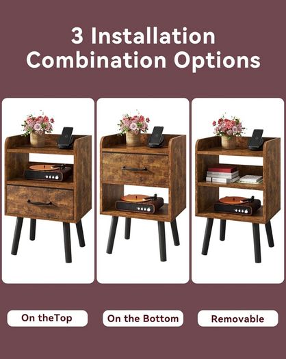 Bedside Table Set of 2, Nightstand, Side Table, Wooden Sofa End Table with Fabric Drawer, Open Shelf, Solid Wood Legs, 39x29x63 cm, for Bedroom, Living Room, Rustic Brown