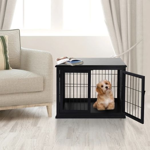 66cm/26'' Wooden Decorative Dog Cage Pet Crate Double Door Small Animal with Tabletop, Black