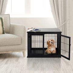 66cm/26'' Wooden Decorative Dog Cage Pet Crate Double Door Small Animal with Tabletop, Black