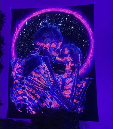 Blacklight Skull Tapestry, Kissing Skulls Moon Tapestry UV Reactive (MULTIPLE SIZES)
