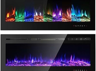 Electric Fireplace Touch Screen Glass Panel Colorful Flame Insert Wall Mounted Heater 1800W(102CM, Black)