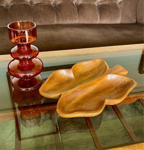 Vintage Teak Wood Serving Butterfly Leaf Shaped Bowl Two Section Tray