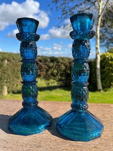 Pair of vintage cobalt blue glass candlestick holders 1970s