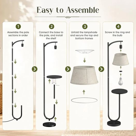 Floor Lamp with Shelf, 160cm, 3 Light Colours, E27 60W Vintage shelf lamp with 120 adjustable head, foot switch, linen shade, E27 up to 60W for home & office