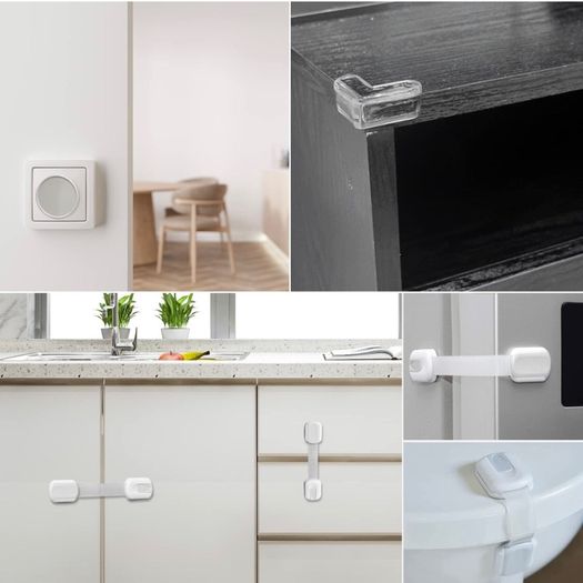 Child Safety Locks for Children, Pack of 20, 6X Kitchen Cupboards, Fridge Door Safety Locks, 8X Corner Guards, 6X Sockets Covers No Tools Or Drills Required. Very Easy to Install.
