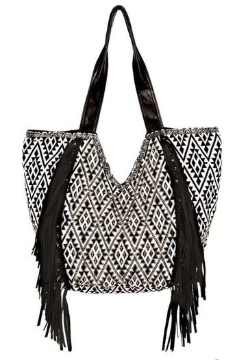 Fringe Tote Bag Purse Black and White, Large