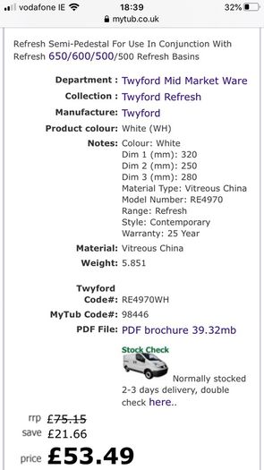 Brand new twyford refresh half pedestal