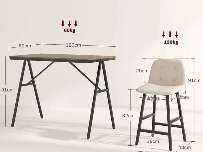 Bar set 5-piece, table and 4 chairs, button tufting, thick padding, linen-look, Beige
